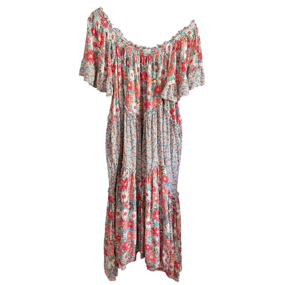 EASEL | Boho Floral Off-Shoulder Mixed Print Tiered Swing Midi Dress | Small - Picture 1 of 7